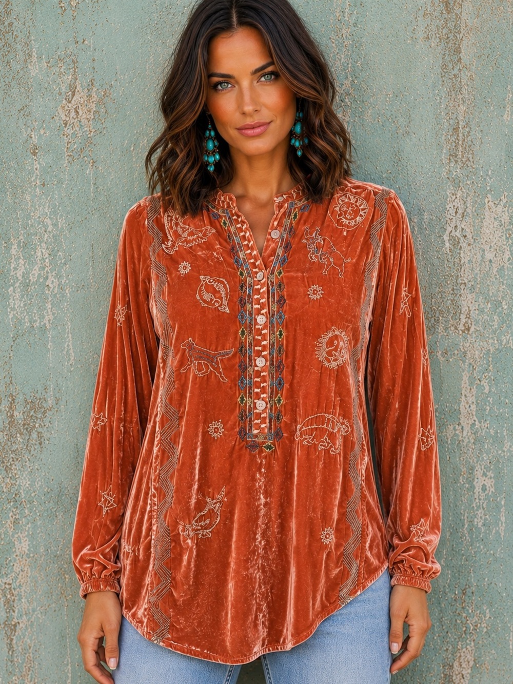Johnny Was Lyra Velvet Zodiac Embroidered Tunic Blouse NWT RARE